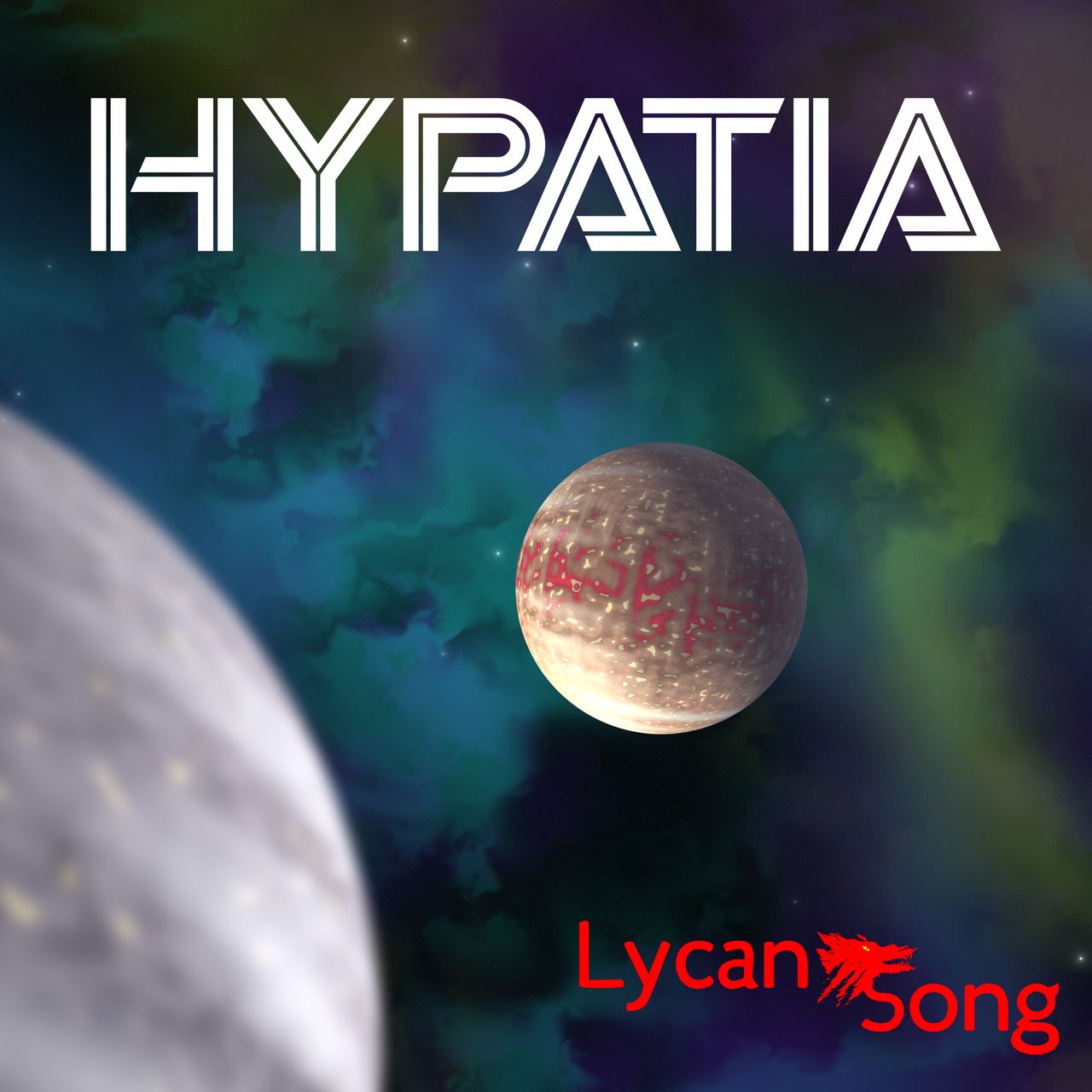 A view of a moon with a planet blurry in the foreground, in some kind of nebula.  The word Hypatia is in a font evoking a science fiction feel, and there is the LycanSong Logo in the bottom right.
