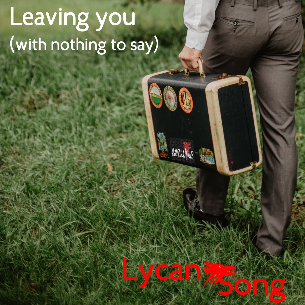 A picture of someone walking through a field with a case with stickers on it.  The song title is in white in the top left, and the LycanSong logo bottom right, in red.